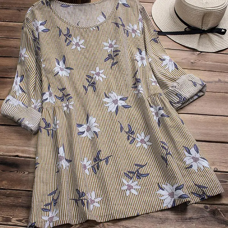

MISSKY Women Shirt Spring Summer Stripe Embroidery Long Sleeve Round Collar Large Size Long Tops Female Clothes