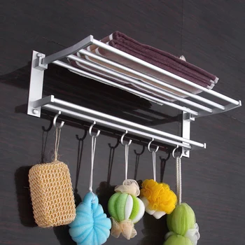 

1pc Punch-free Towel Rack Space Aluminum Flexible Folding Double-layer Towel Holder for Bathroom (Silver 60CM)