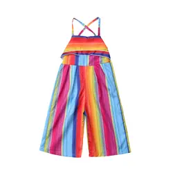 Модные летние для маленьких девочек Комбинезон в радужную полоску пляжный костюм с оборками комбинезон одежда для малышей без рукавов