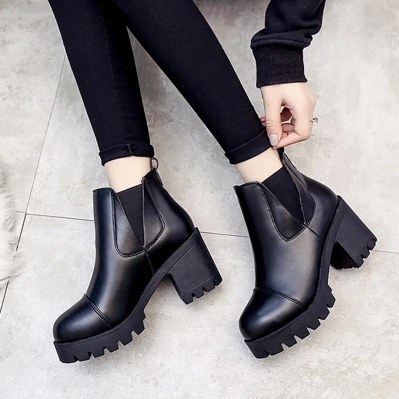 

Winter Women PU Leather Boots Female Motorcycle Boots Thick High Heel Boots Ankle Boots for Women