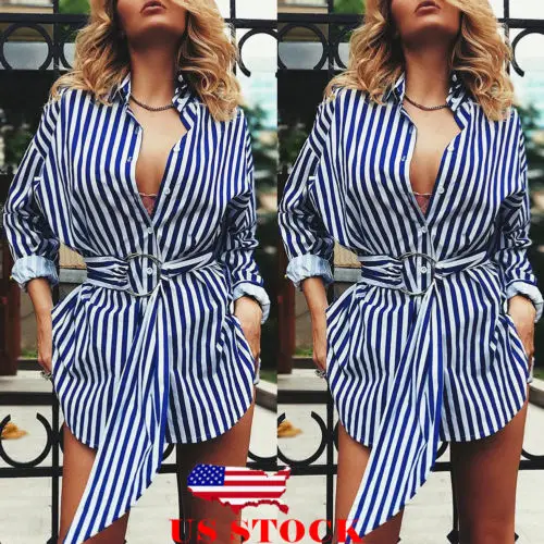 

2019 Fashion Women Striped Button Down Long Shirt Belted Peplum Long Sleeve Casual Tops Blouse