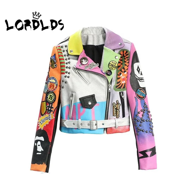 LORDXX Cropped Leather Jackets Women Hip hop Colorful Studded Coat New