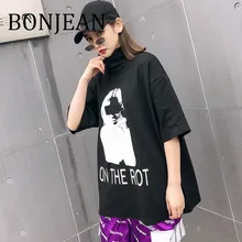 BONJEAN весенние Топы И Футболки рубашка с принтом для Для женщин короткий рукав черная футболка Водолазка свободные БЕЛЫЕ РУБАШКИ BJ756