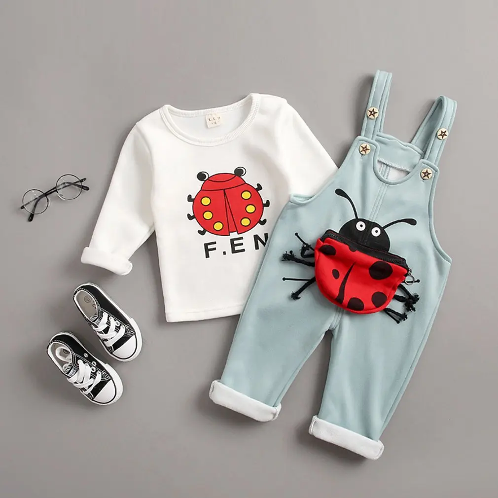 

Spring And Autumn 0-4 Years Old Baby Clothes Cartoon Ladybug Tops Plus Velvet Bib Two Children Suit Tide