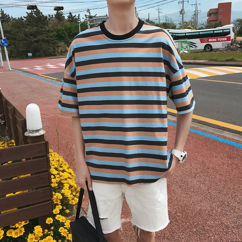 2019 Summer Men's Fashion Trend Stripe Printing Male Black/red/yellow/blue Color Men Cotton Clothing T-shirts Plus Size tshirt