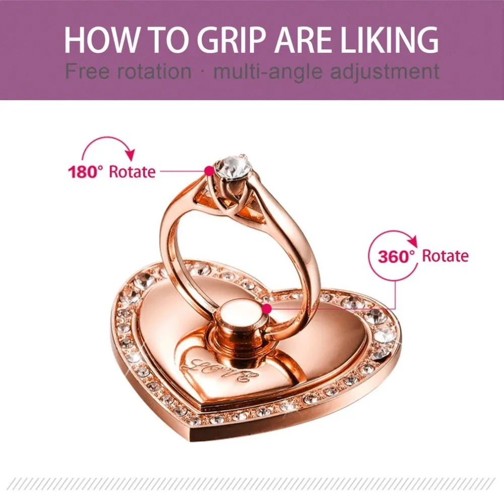 Luxury Heart Shape Diamond Finger Ring Holder Universal Mobile Phone Stand For iPhone X 8 7 Plus Samsung S9 S8 All Smartphones