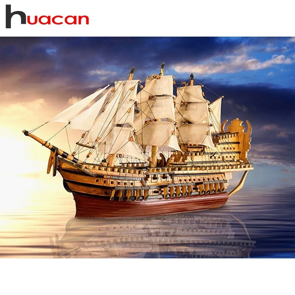 

Huacan Diamond Mosaic Sale Sailboat Paintings From Crystals 5D Diamond Painting Full Square Drill Diamond Landscape Embroidery