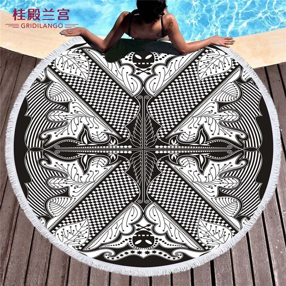 

GRIDILANGO Black And White Geometric Pattern Round Beach Towel For Adult Quickly Absorbtable Travel Outdoor Yoga Mat Bath Towel