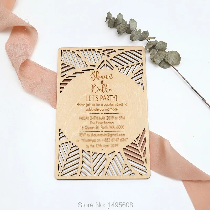  Wedding Invitation Rustic Wedding Invitations Wooden invitationLaser Cut Wedding InvitationsFlower  - 32954869577