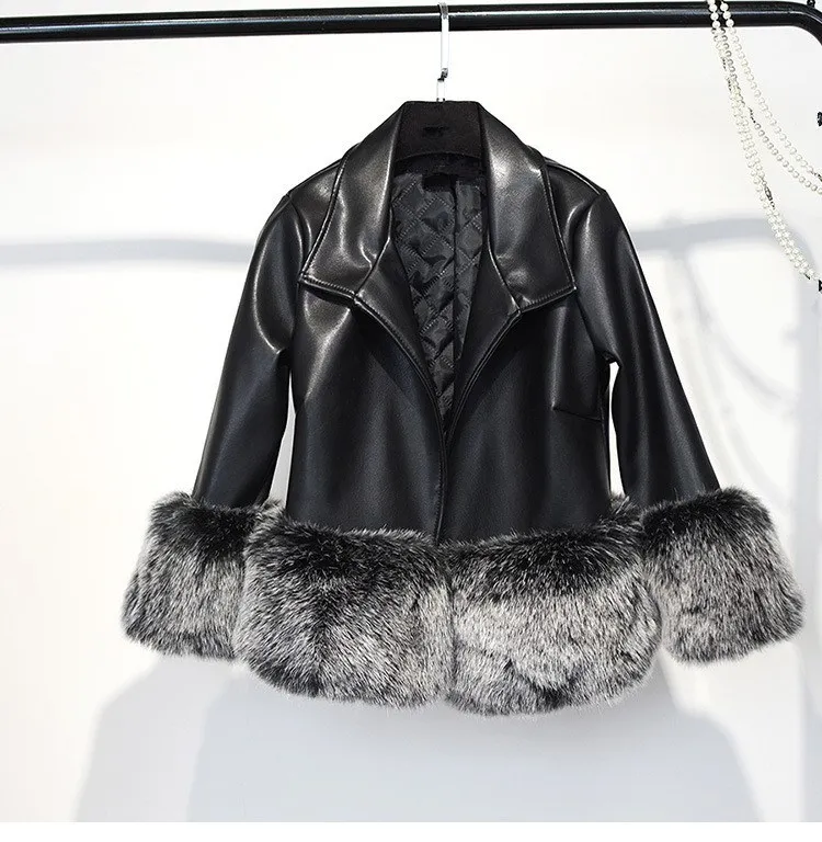 2018 Manteau Patchwork Nouvelle Femelle De Fourrure Pu Veste Courte Noir Longues Cuir Manches En Ardoisé Mode Fausse À FwFXdxqar