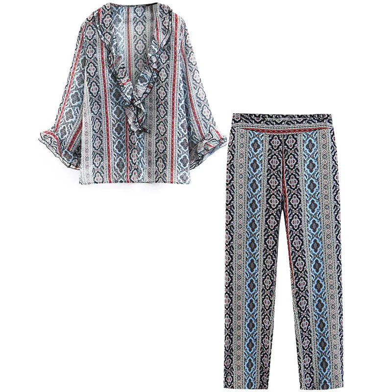 

Set female 2019 summer new thin section women's casual printing loose V-neck shirt high waist casual trousers two-piece