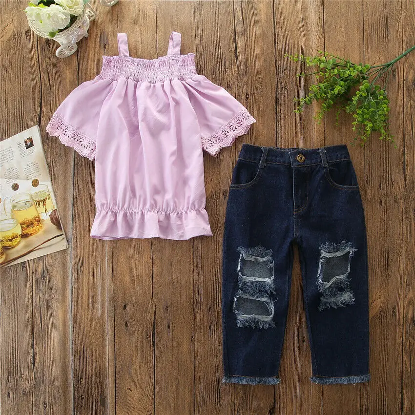 

Summer New Casual Cute Baby Girls Off Shoulder Summer T-shirt Blouse+Long Pants Clothes Outfit Set Jeans