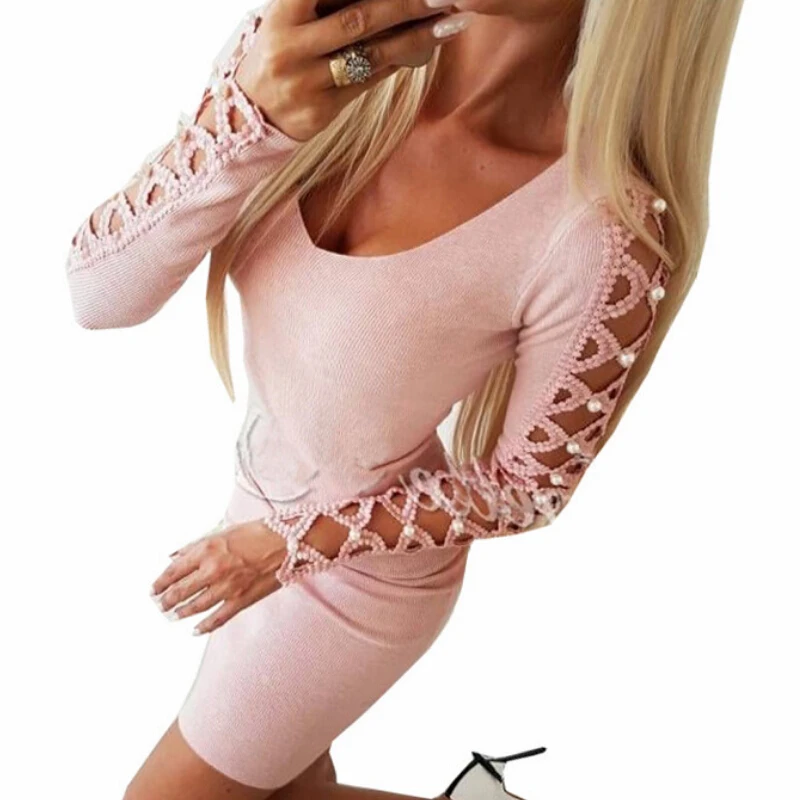 

Long Sleeve Shirt Women Dress Sexy O Neck Bodycon Dresses Summer Hollow Sleeve Fashion Elegant Party Dress Cotton Vestidos