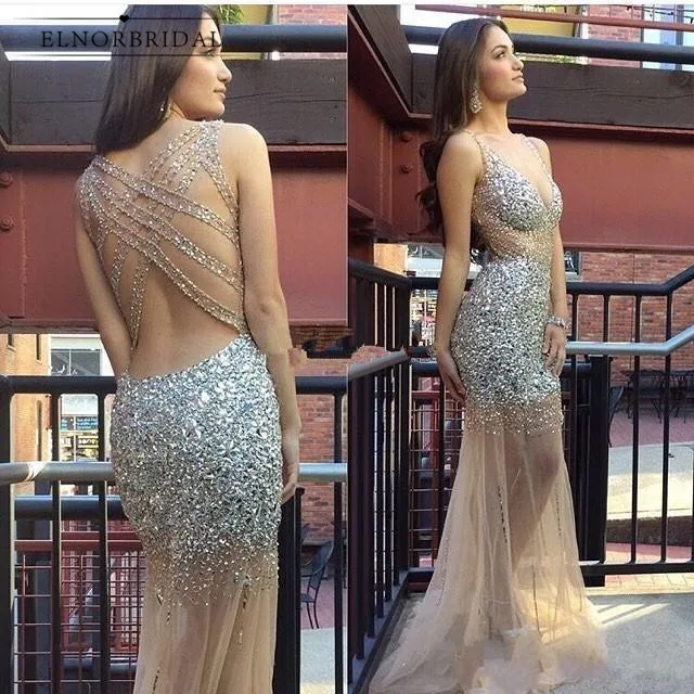 

Luxury Beaded Crystal Mermaid Prom Dresses 2020 Robe De Bal Deep V Neck Gala Jurken Open Back Special Occasion Party Dress