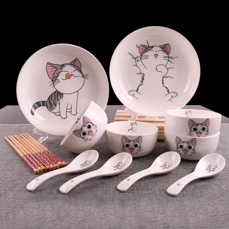 

14 PCS Cute Cat Ceramics Dinnerware Bowl Dish Spoon Gift Set Kitchen Cooking Tools Household Tableware Porcelain Dinner Sets
