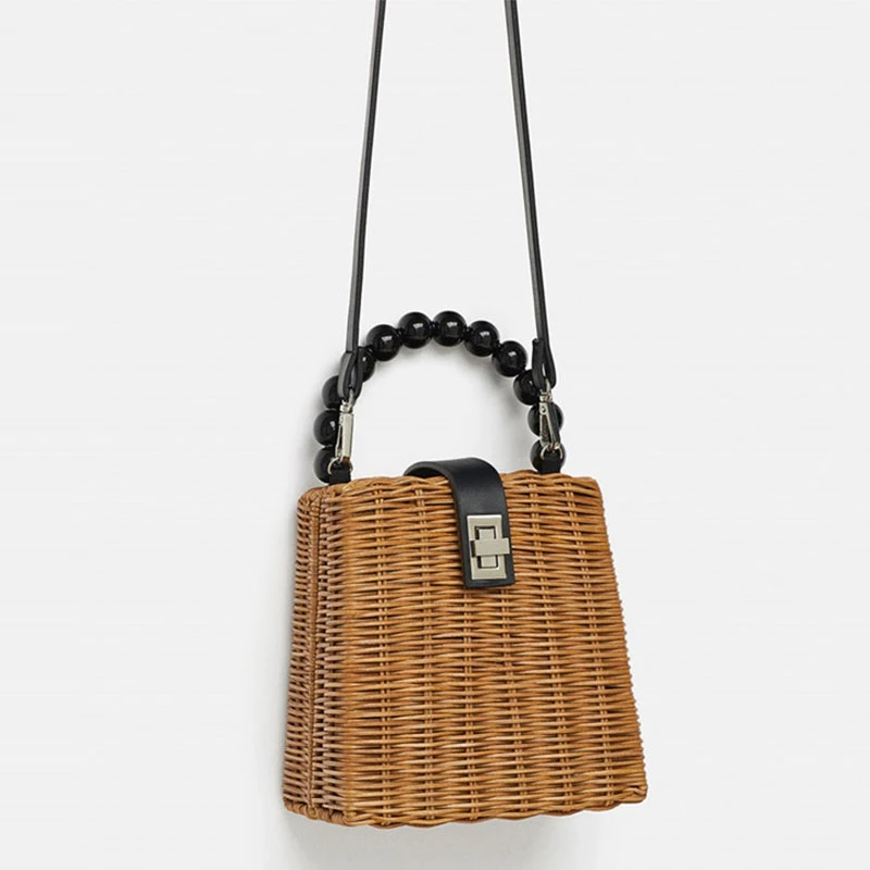 

ABDB-Bead Hand-Woven Straw Bag Women Small Tote Bags For Summer Travel Handle Bag Ladies Shoulder For Girl