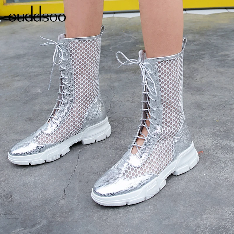 

Ouddsoo Women's Hollow Out Half Mesh Mid Calf Riding Equestrian Boots For Women Platform Silver Botas Female Ladies Woman Shoes