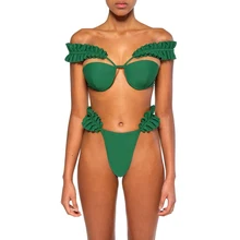 Сексуальный купальник, Женский Бандаж, бикини, набор, с оборками, Одноцветный, зеленый, пуш-ап, мягкий бюстгальтер, купальник, 2 шт, купальник, с открытыми плечами, купальный костюм