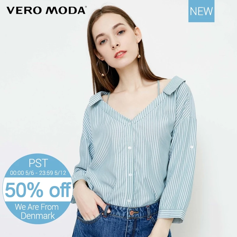

Vero Moda Neckline Drawstring Striped Embroidery Letter Shirt |318231534