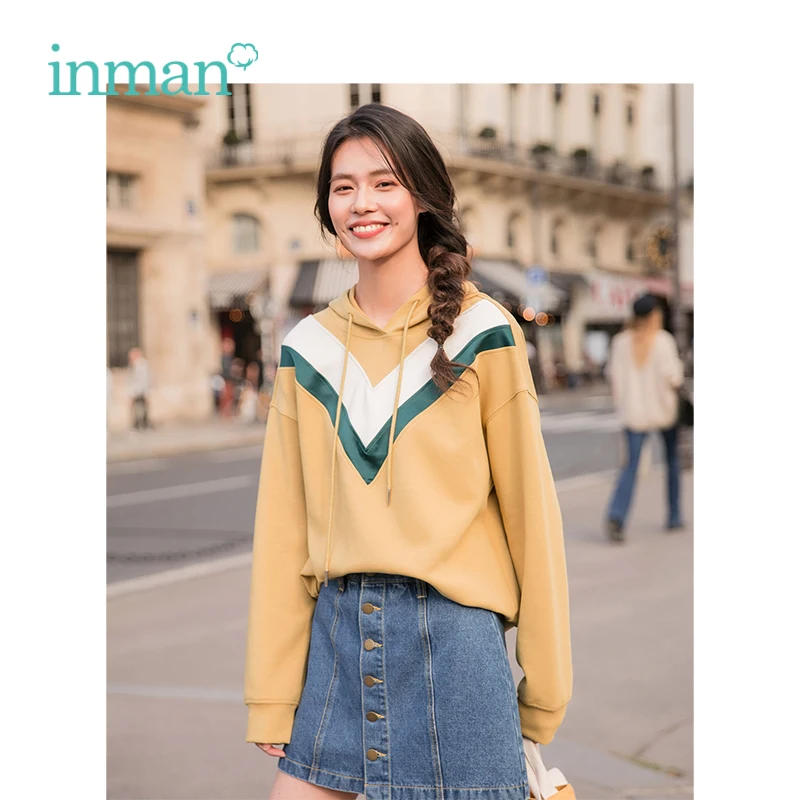  INMAN Spring Hooded Drawstring V Pattern Print Causal Loose Style Women Fashion Girl Sweatshirt