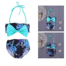 Купальник с лямкой на шее, детский с бантиком для девочек, пляжная одежда с цветочным принтом, с двумя бретельками на шее, пляжный, милый, без рукавов