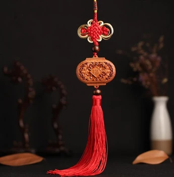 

Chinese Peach Wood Carved Safe And Good Luck Card Double Blessing Lantern Exquisite Car Interior Trim Pendant