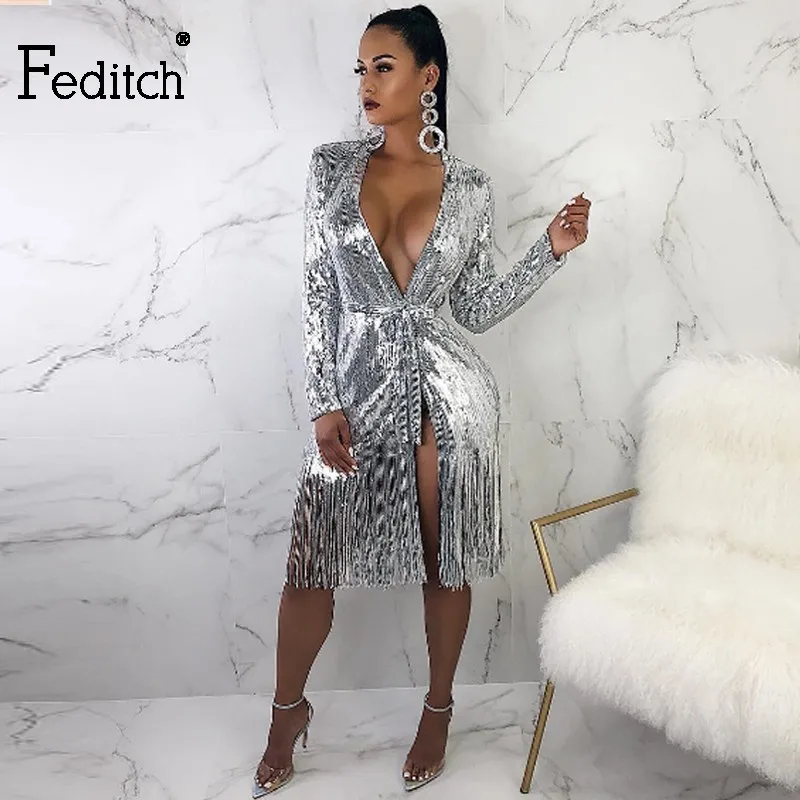 

Feditch Sequined Sexy Coat Casual Long Sleeve Women Autumn Waist Belt Coat Winter Party Outwear Club Overcoat Female Clothing