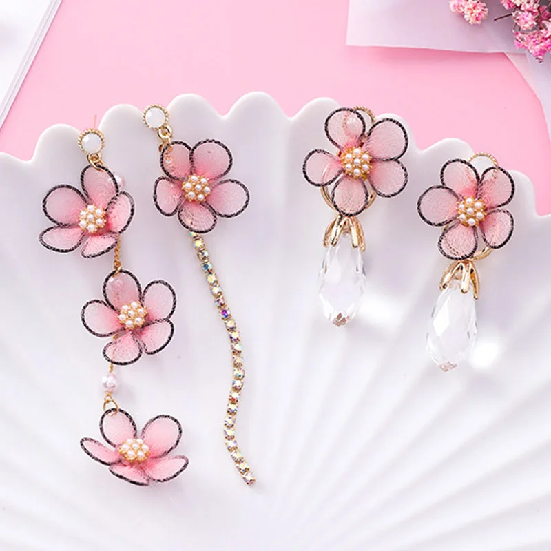 

Sweet Pink Fabric Lace Cherry Flower Long Rhinestone Tassel Crystal Drop Earrings For Women Wedding Charm Jewelry Pendientes