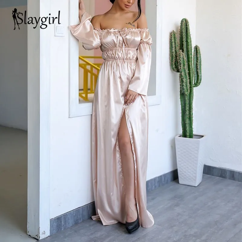 

Slaygirl 2018 Sexy Women Dress Bodycon Loose Satin Side Split Maxi Dress Elegant Vestidos Front Slit Autumn Casual Dress