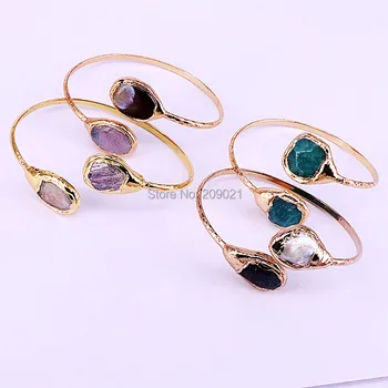 

5Pcs Trendy Gold Color Double Natural Stones Metal Copper Cuff Bangle for Women
