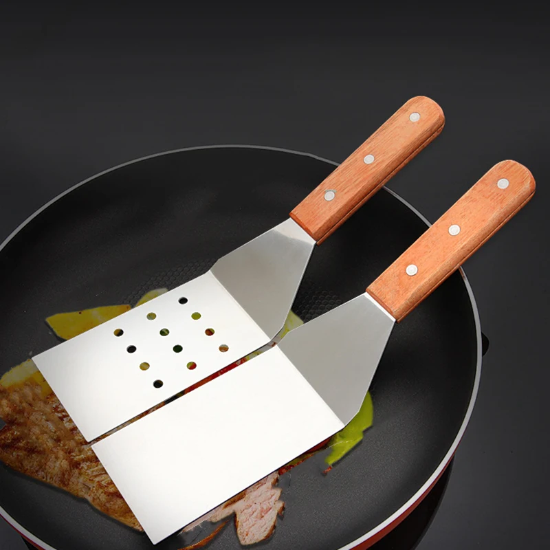 

Steak Food BBQ Grill Spatula Stainless Steel Scraper Shovel Flat Burger Pancake Pizza Griddle Grill Flipper Wooden Handl