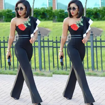 

NEW Women Ladies Club wear Summer Playsuit Appliques Black Color Floral Jumpsuit Romper Trousers Slanted shoulder lace jumpsuit