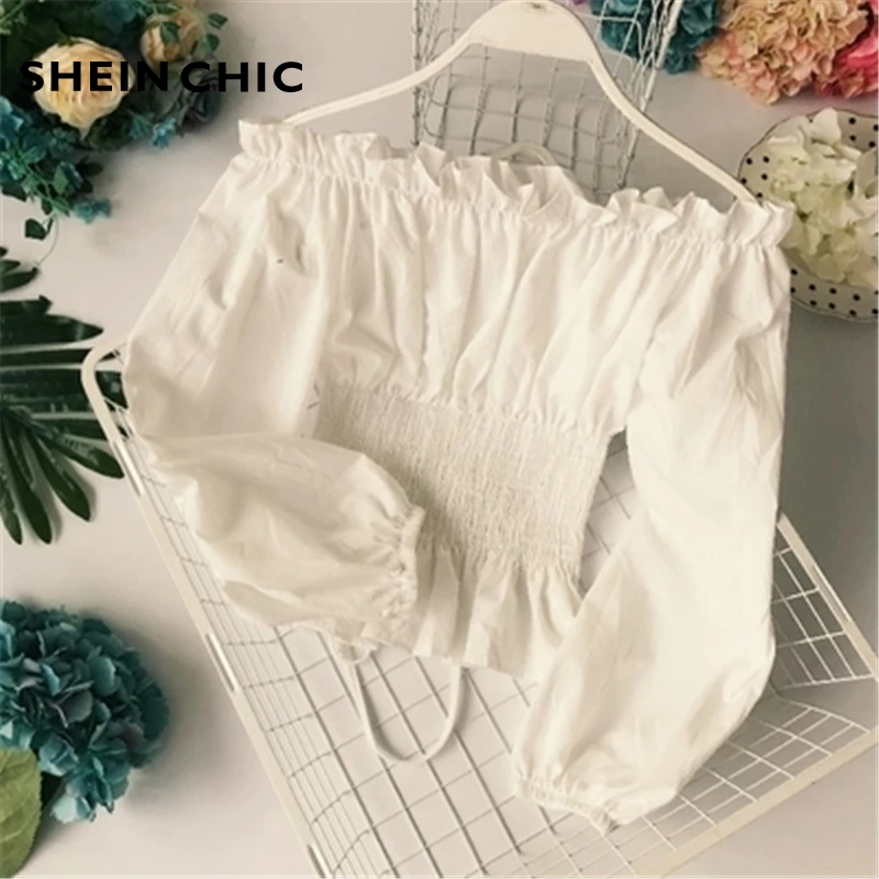 

Sexy Club Slash Neck Off Shoulder Blusas Waist Bandage Short Blouse Elegant 2019 Summer Women Puff Long Sleeve Chic Tops