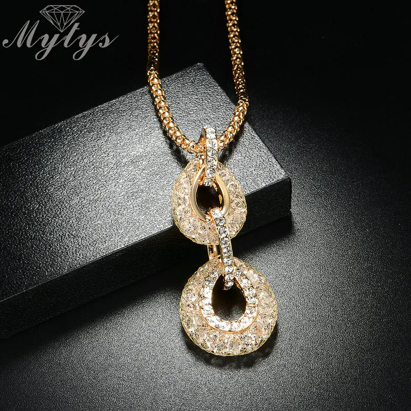 

Mytys Gold Mesh Net Filled With Crystal Double Round Circle Pendant Necklace Number 8 Anniversary Jewelry for Women CN345