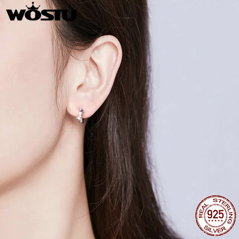 WOSTU Brilliant Star Hoop Earrings 925 Sterling Silver Dazzling Zircon Circle Small Earrings For Women Silver 925 Jewelry CTE076