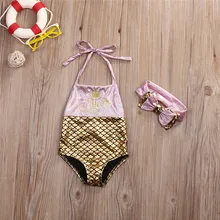 2 шт. Дети для маленьких девочек Купальник Русалочки с бантом Головные уборы шнуровке спинки купальник бикини Лоскутная пляж Купальный костюм От 0 до 3 лет