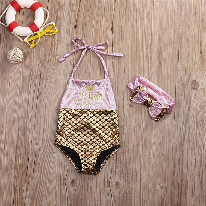 

2Pcs Toddler Kids Baby Girl Mermaid Swimwear Bow Headwear Lace-up Backless Bikini Swimsuit Patchwork Beach Swimming Costume 0-3T