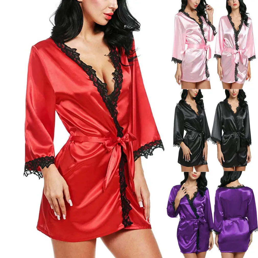 

Sexy Bride Women Babydolls Long Sleeve Lace Floral Kimono Robe Satin Silk Female Night Dressing Gown Lingerie Bathrobes