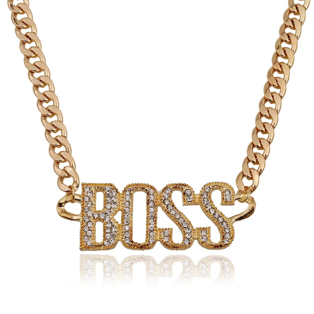 

Gold Silver Fashion Punk Retro Crystal Choker Metal Letter BOSS Pendant Clavicle Chain Necklace Men Women Hip Hop Jewelry