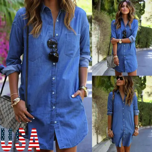

2019 HOT Womens Blue Jeans Denim Turn Down Collar Long Sleeve Casual Loose Long Shirt Mini Dress US Autumn Summer