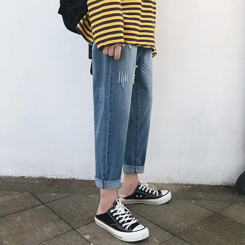 2019 new baggy homme men Holes summer blue Jeans big size Male Nine Part Directly Cuffless Trousers