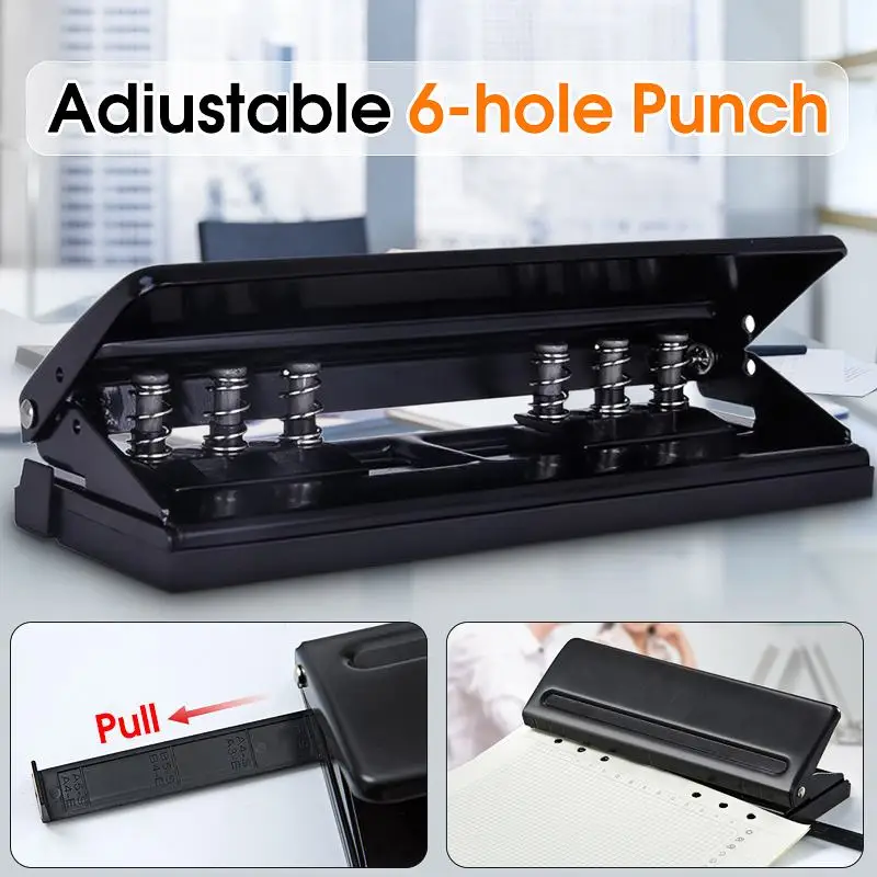

Adjustable 6-Holes Paper Puncher Piercing Machine Loose-leaf Diaries Organizers Paper Punch Stapler Office Supplies Black
