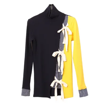 

New Fashion Europe Wind Autumn Female Pullover Striped Knit Sweaters Bow Tie Turtleneck Long Sleeve Patchwork Slim Sweater