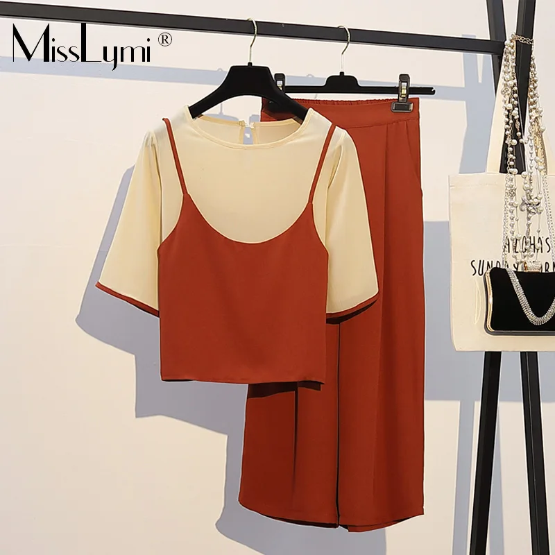 L-4XL زائد حجم المرأة 3 قطعة مجموعة الصيف 2019 قصيرة الأكمام بلوزة شيفون مع الرسن أعلى و مرونة الخصر بنطال ذو قصة أرجل واسعة