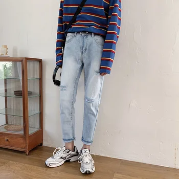 

2019 Summer Men's Fashion Light Blue Colour Holes Jeans Tide Male Slim Fit Bound Feet Casual Pants High-quality Trousers 28-34