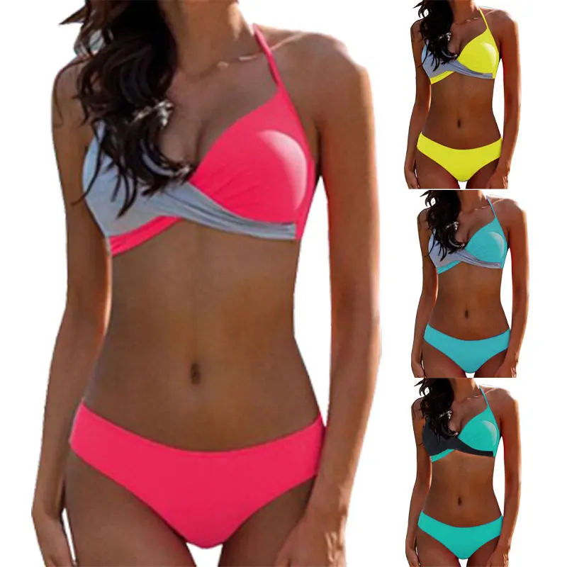 

Summer Sexy Bikini Push Up Swimwear Color Blocking Split Swimsuit Swimming Bathing Suit Plus Size Swimwear 2019 Female Beachwear