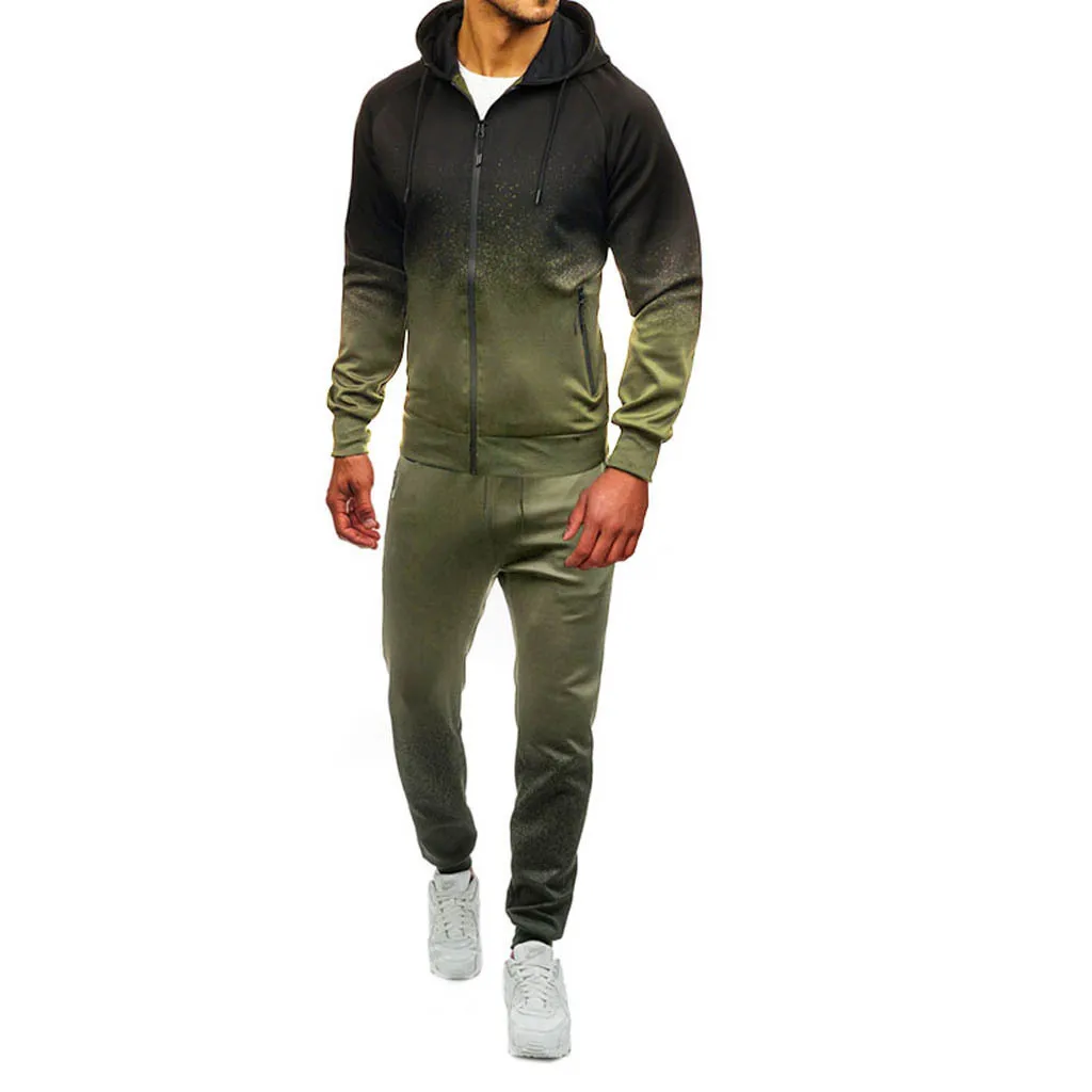 Zipper Tracksuit Men Causal Two Pieces Sets Sweatsuit Mens Gradual Change Clothes Printed Hooded Hoodies + Pants Track Suit Male