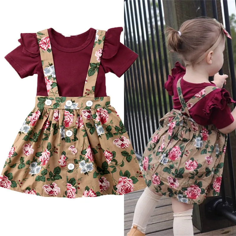 

3PCS Infant Baby Kids Girls Floral Short Sleeve Romper+Suspender Skirt Headband Outfit Set 0-24M