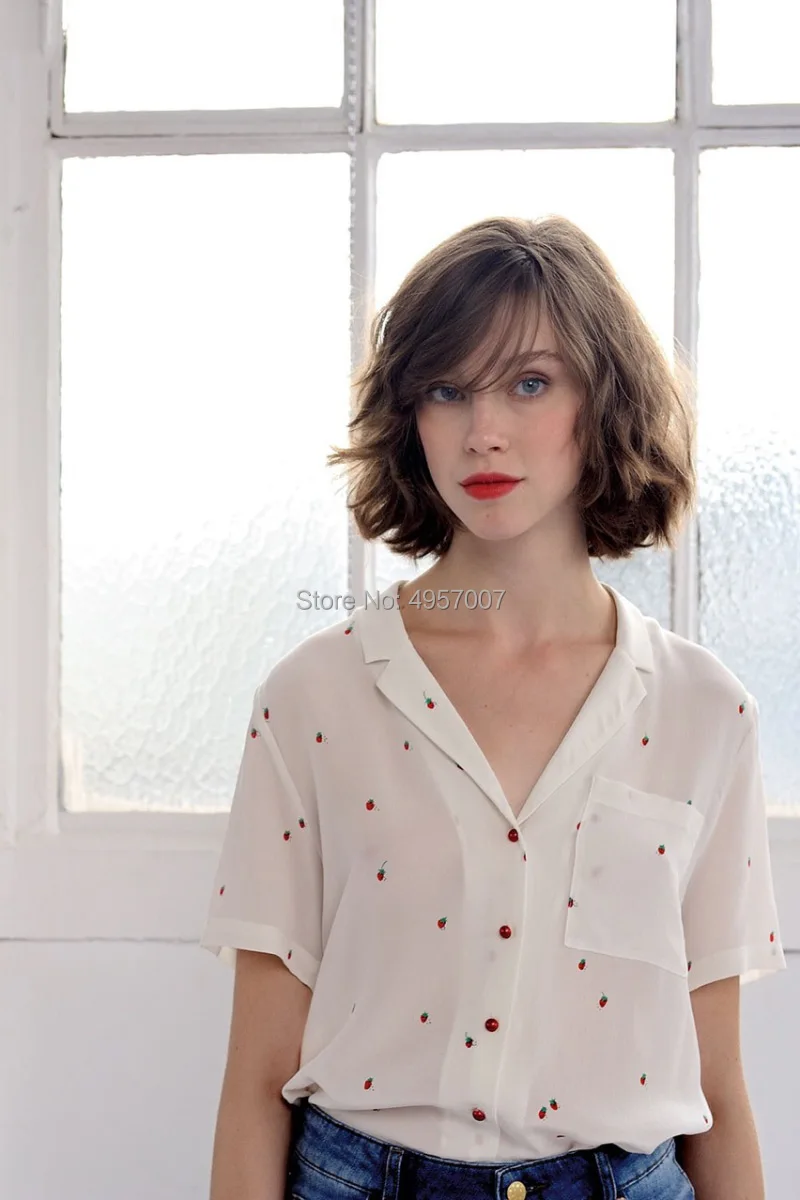 White Silk 100% Strawberry Printed Blouse Top - 2019ss Women/Ladies Notched Neckline Short Sleeve Blouse Shirt 2