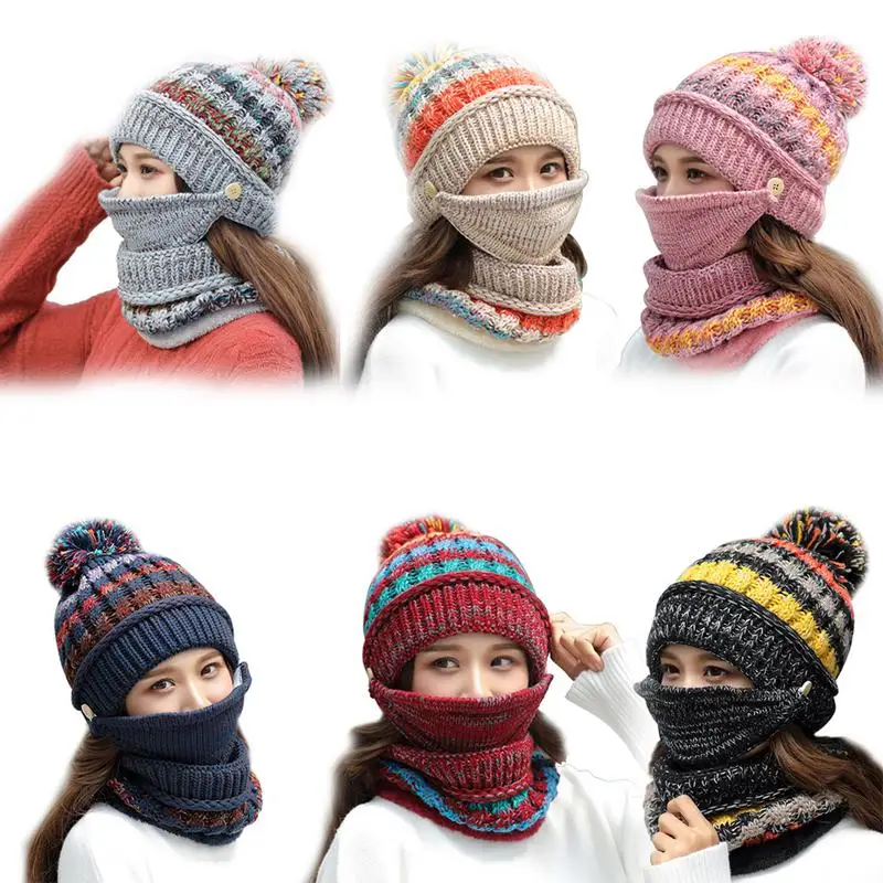 

Fleece Lined Women Knit Beanie Scarf Set Girls Winter Ski Hat With Earflaps